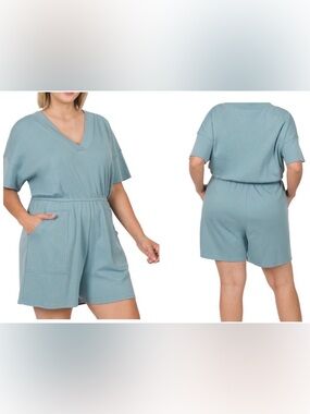 Zenana V-Neck Short Sleeve Drop Shoulder w Pockets Blue Gray Romper Plus Size 1X